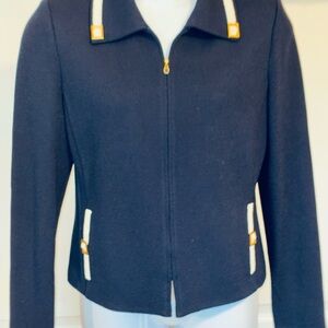 St John Collection Navy Blue Zip Jacket Knit Sz 12 White Ribbon Trim Gold Buckle
